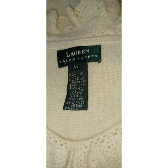 Lauren Ralph Lauren Lace Ruffle Trim Neck Cream Sweater Merino Wool Cashmere XL - Picture 6 of 8